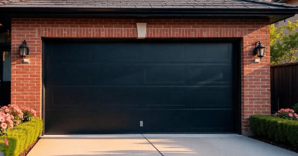 black garage door on a red brick house